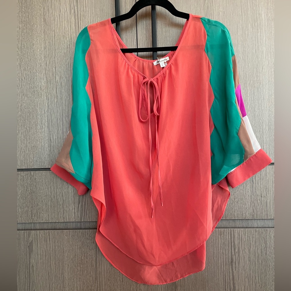 Color Block Sheer Blouse Long Sleeved Top - Size L